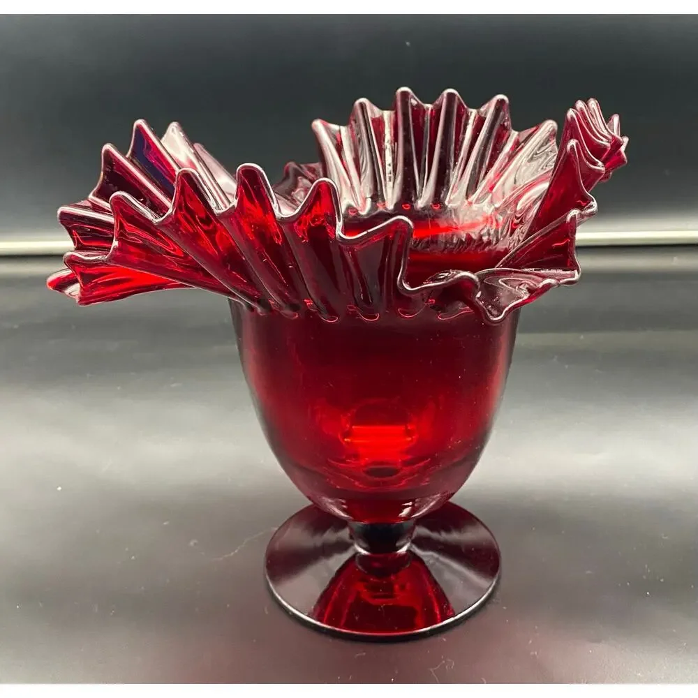 Vintage Blenko Ruby Red Crimped Edge Pedestal Vase 9